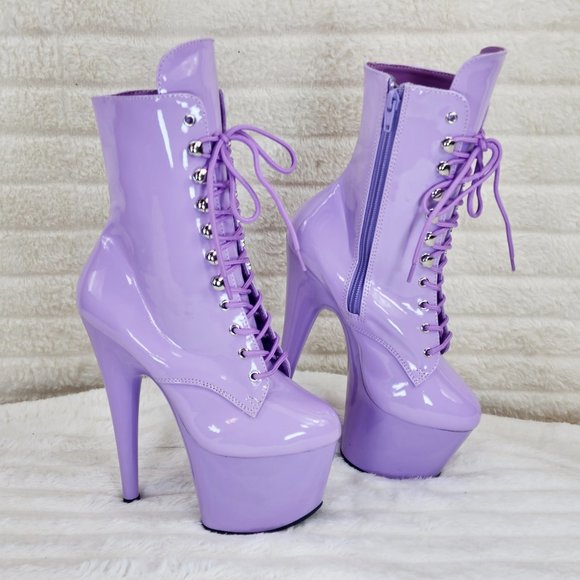 Lavender Lilac Purple Patent Platform 7" Heel Lace Up Ankle Boots - Picture 3 of 13